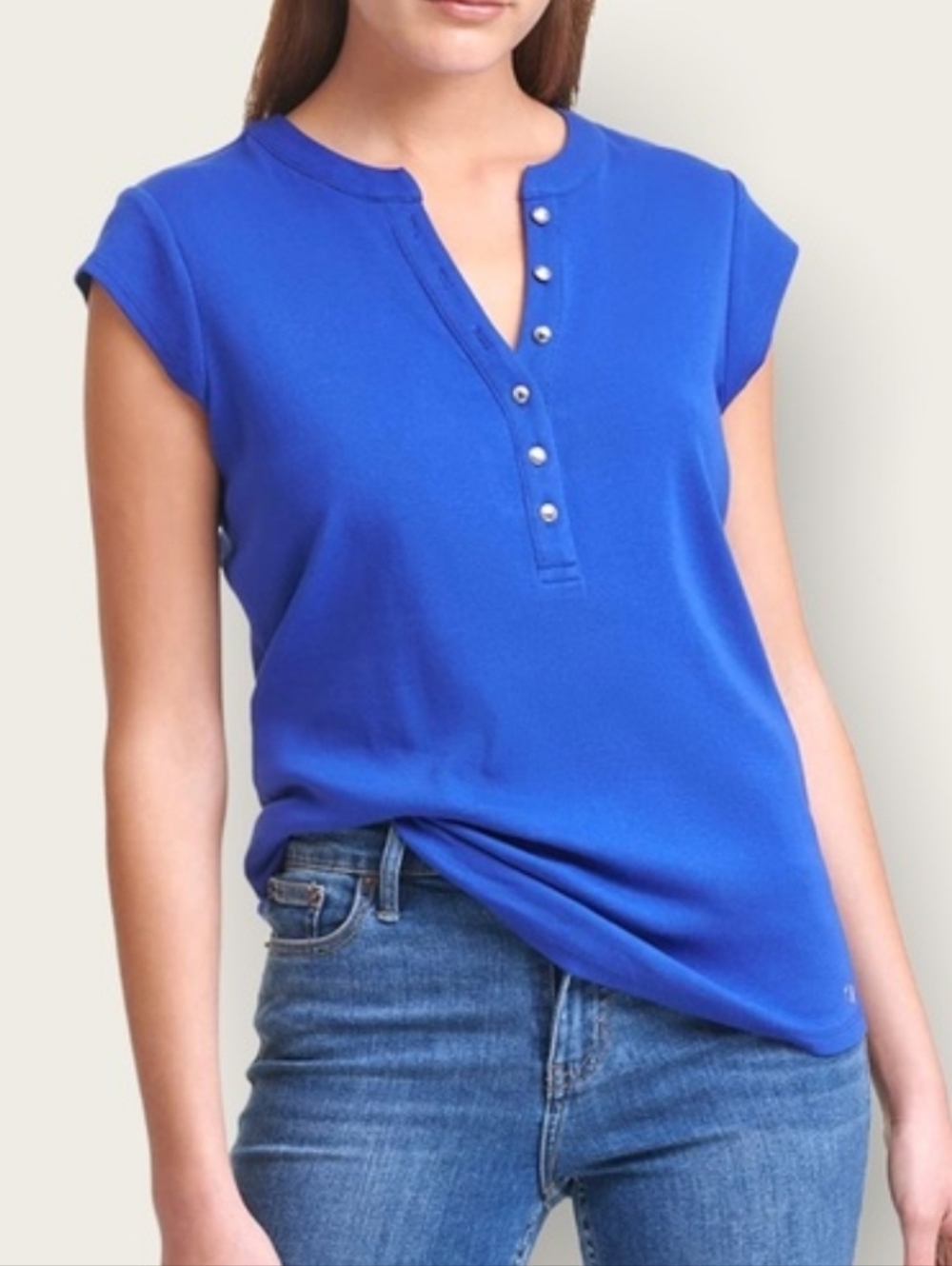 Calvin Klein Women's Cap Sleeve Henley Shirt Crew Neck Blue